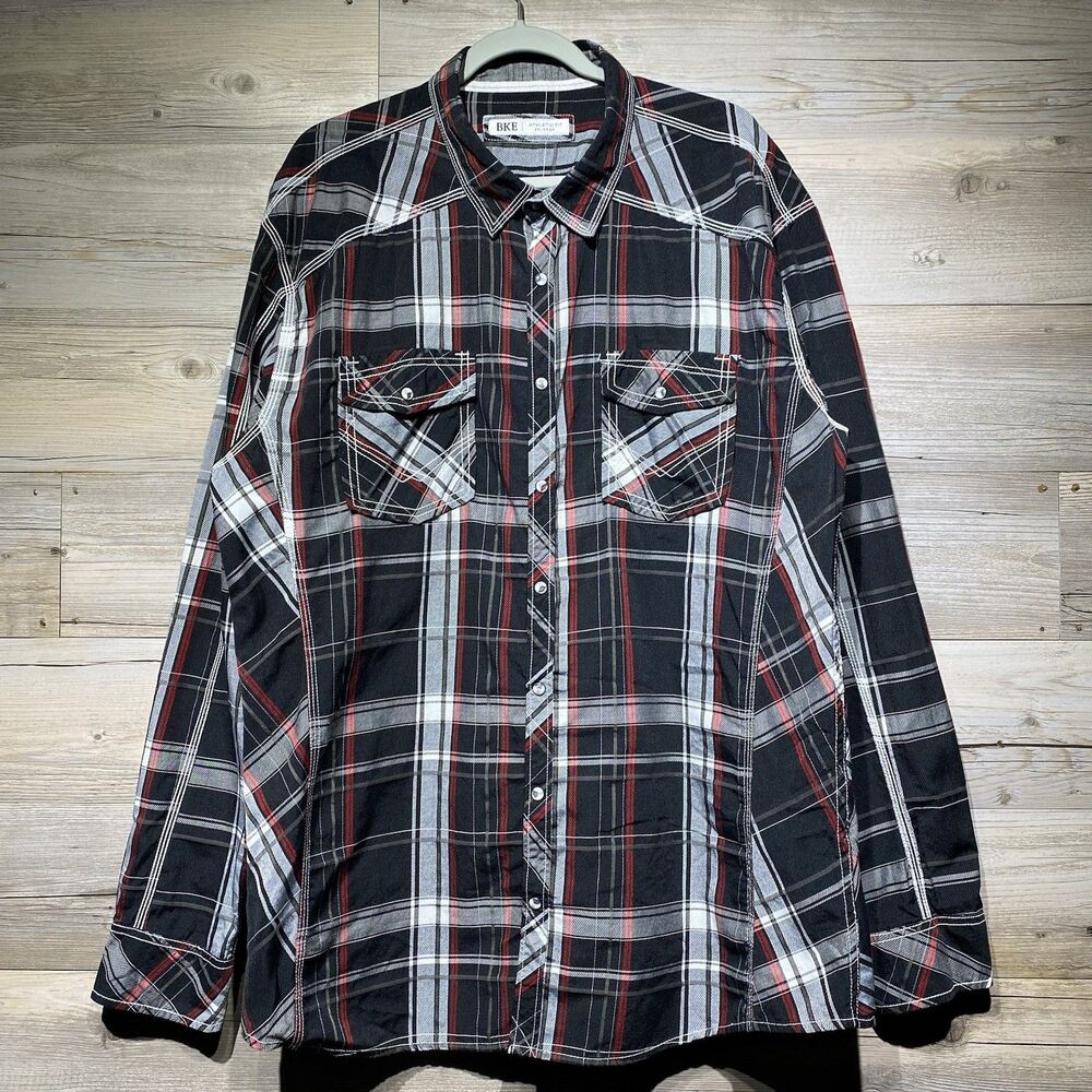BKE Pearl Snap Western Shirt Men’s XXL Athletic Fit Black Red Plaid Long Sleeve